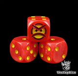 Close up of a red 16mm resin D6 die engraved with a yellow angry face and yellow pips