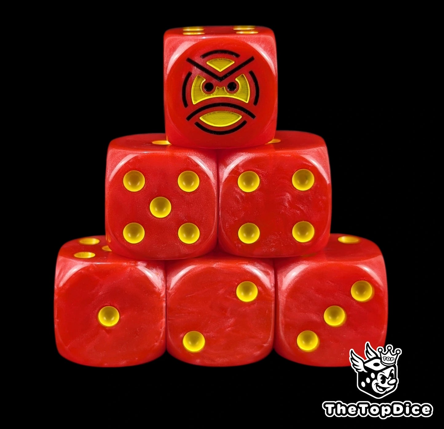 Red 16mm D6 dice with a yellow angry face emblem and yellow pips for sci-fi wargaming