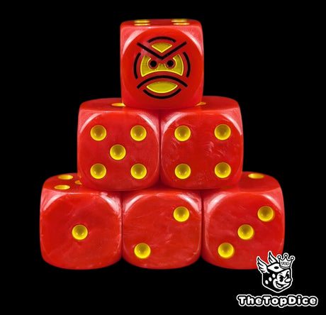 Red 16mm D6 dice with a yellow angry face emblem and yellow pips for sci-fi wargaming