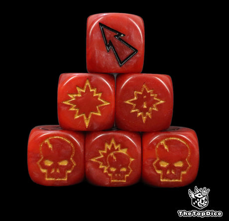 Close up of three red 16mm block dice with black pips for resolving blocks