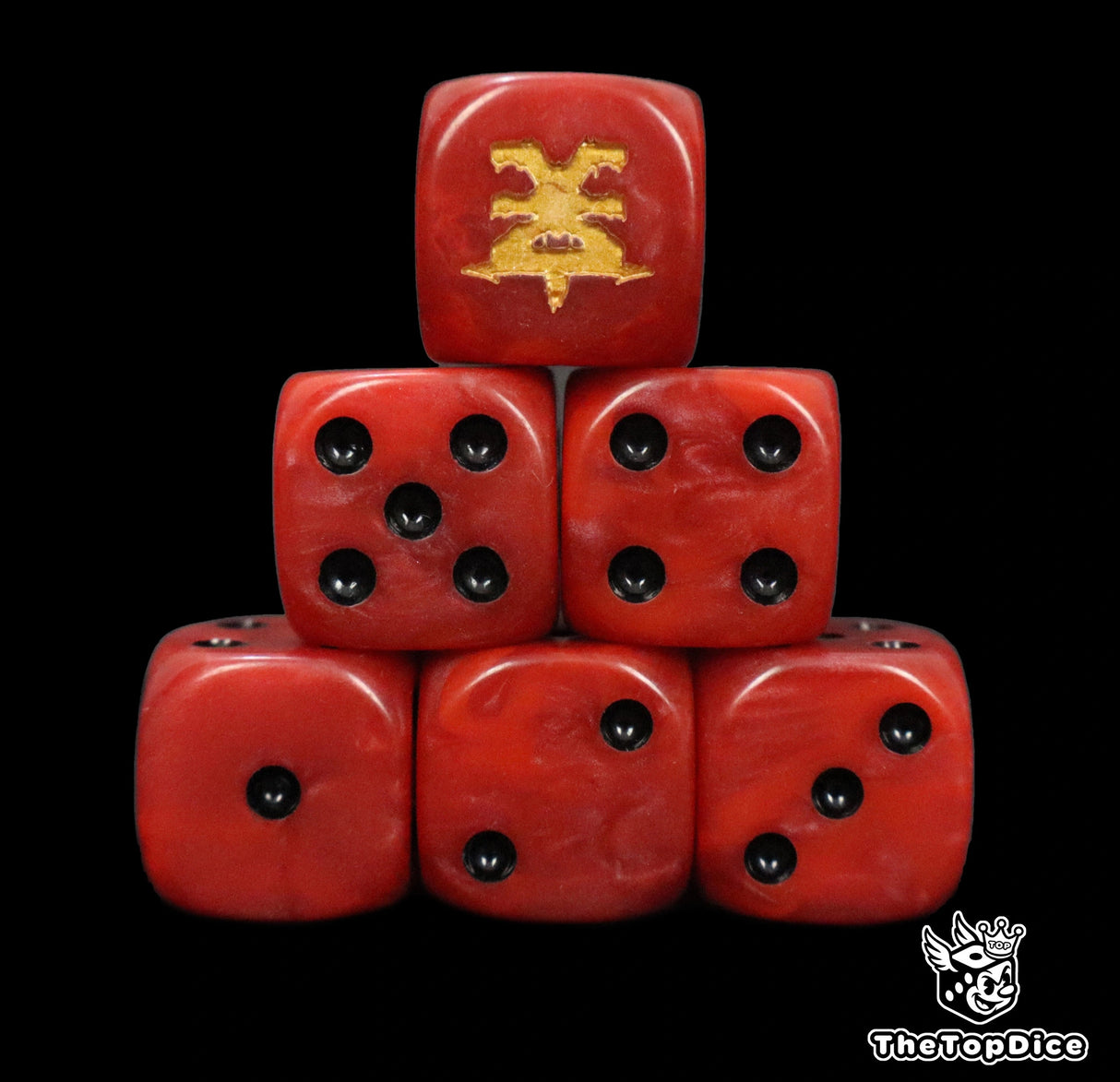 Close up of two red D6 with a gold rage logo on the six face for fantasy football