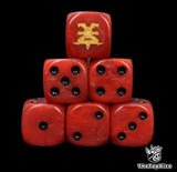 Close up of two red D6 with a gold rage logo on the six face for fantasy football