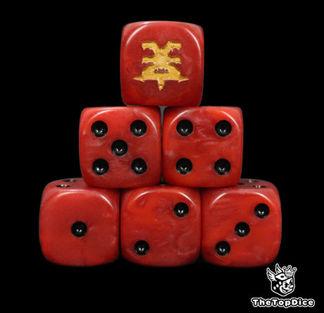 Close up of two red D6 with a gold rage logo on the six face for fantasy football