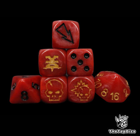 Red blood rage fantasy football dice set of seven 16mm resin dice compatible with Blood Bowl