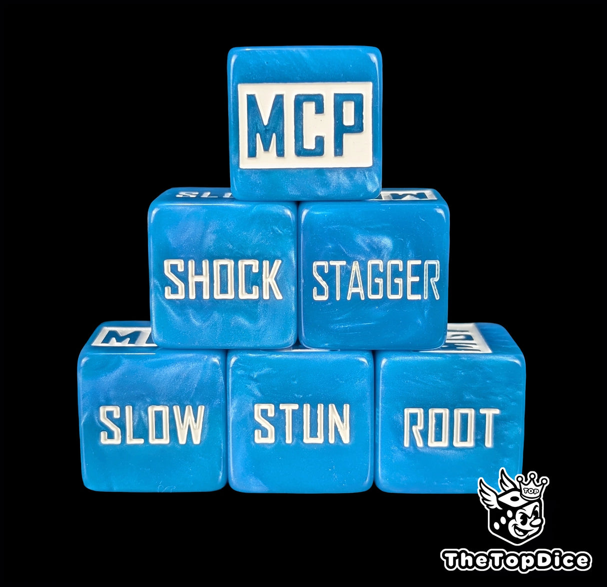 Close up of a blue 20mm resin effect marker token with a white status icon