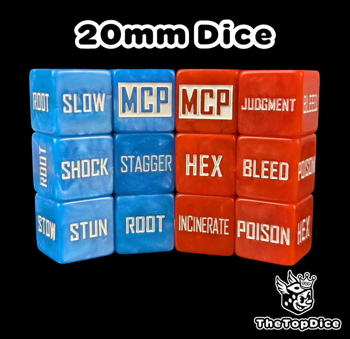 Red and blue 20mm effect marker dice set for superhero miniatures games