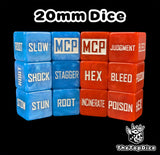 Red and blue 20mm effect marker dice set for superhero miniatures games