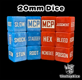 Red and blue 20mm effect marker dice set for superhero miniatures games