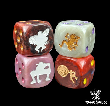 Pile of red and black 16mm D6 counter dice for anime card game players