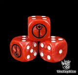 Close up of a red 16mm resin D6 die engraved with a black alien sigil and white pips