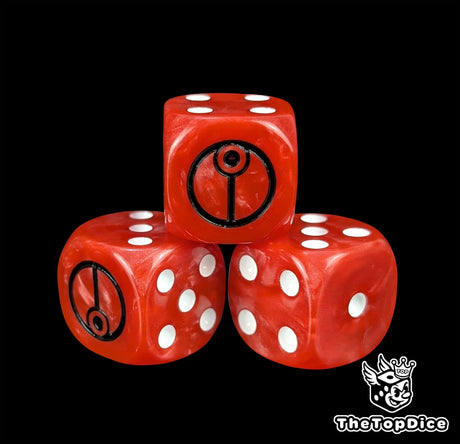 Close up of a red 16mm resin D6 die engraved with a black alien sigil and white pips