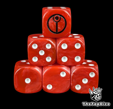 Red 16mm D6 dice with a black alien sigil emblem and white pips for sci-fi wargaming