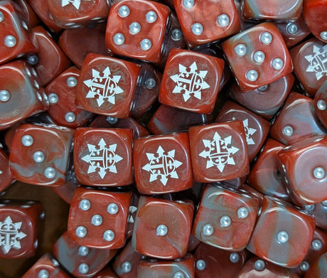 Pile of red and grey chaos helm 16mm D6 dice for a sci-fi chaos army