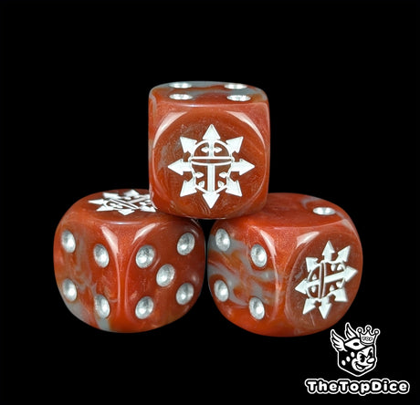 Close up of a red and grey 16mm resin D6 die engraved with a white spiked chaos helm and silver pips