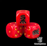 Three red Red Corsairs dice with gold pips and a black arrowed fist