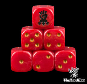 Six red Red Corsairs D6 stacked, gold pips and a black chaos fist