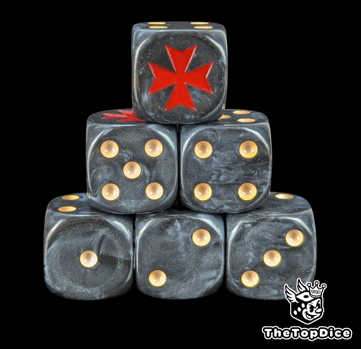 Black 16mm D6 dice with a red crusader cross emblem and beige pips for sci-fi wargaming