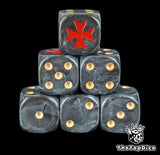 Black 16mm D6 dice with a red crusader cross emblem and beige pips for sci-fi wargaming