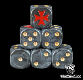 Black 16mm D6 dice with a red crusader cross emblem and beige pips for sci-fi wargaming