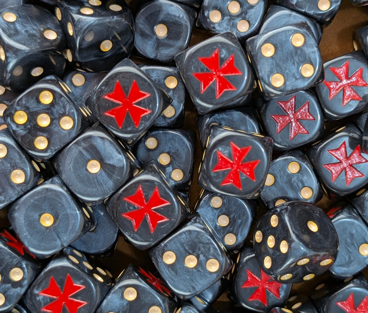 Pile of black red cross 16mm D6 dice for a sci-fi crusader army