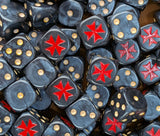 Pile of black red cross 16mm D6 dice for a sci-fi crusader army