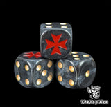Close up of a black 16mm resin D6 die engraved with a red crusader cross and beige pips