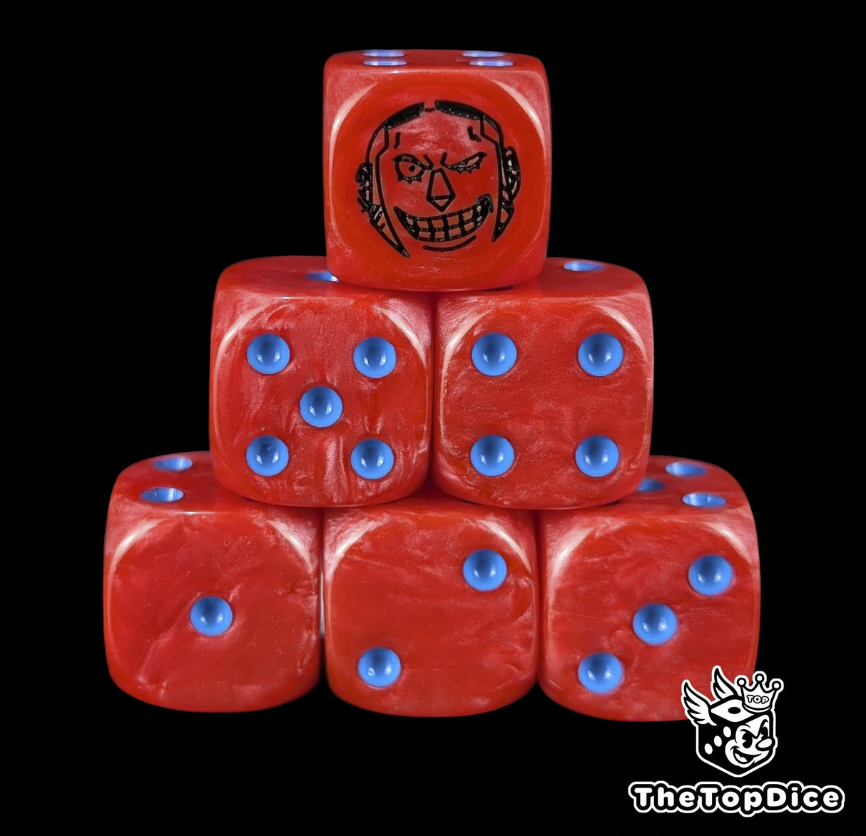 Red 16mm D6 counter dice with a black cyborg emblem and blue pips for anime pirate TCG