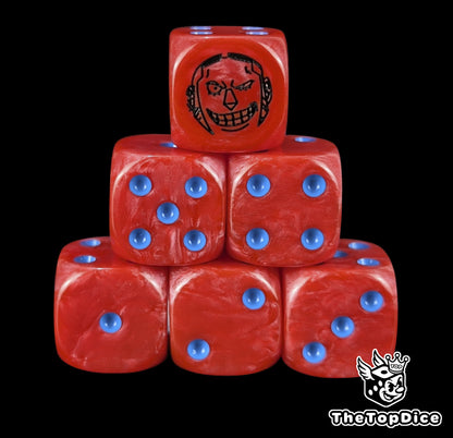 Red 16mm D6 counter dice with a black cyborg emblem and blue pips for anime pirate TCG