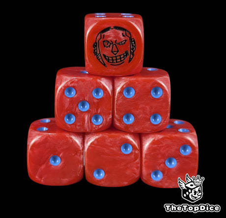 Red 16mm D6 counter dice with a black cyborg emblem and blue pips for anime pirate TCG