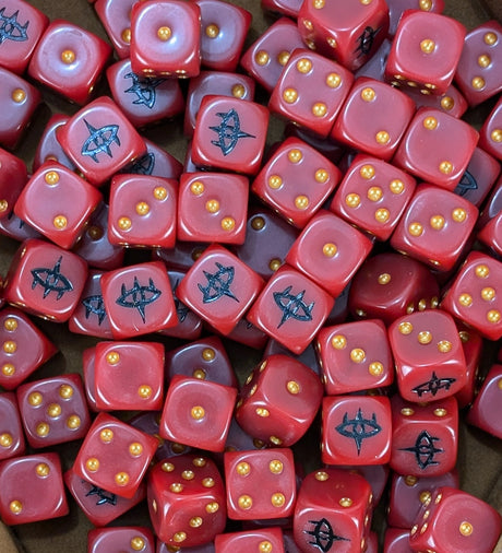 Pile of red dark eye 16mm D6 dice for a dark lord fantasy miniature army