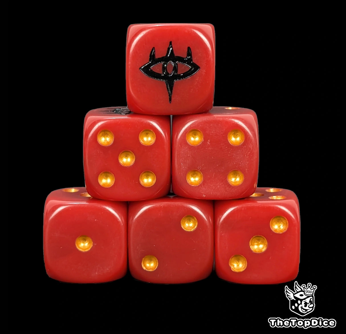 Red 16mm D6 dice with a black flaming eye emblem and gold pips for epic fantasy wargames