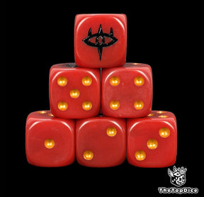Red 16mm D6 dice with a black flaming eye emblem and gold pips for epic fantasy wargames