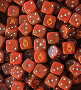 Pile of red 16mm D6 dice with orange demon faces for a sci-fi chaos army