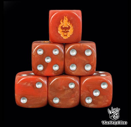 Red 16mm D6 dice with an orange demon face emblem and silver pips for sci-fi wargaming