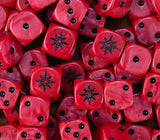 Pile of red chaos dice with black pips and black eight pointed stars