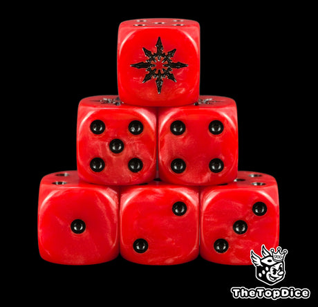 Six bright red chaos D6 stacked, black pips and a black star
