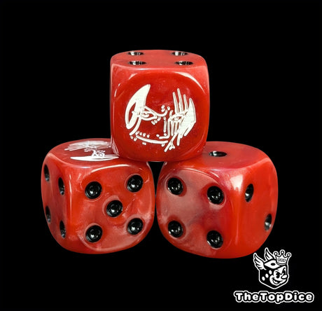 Close up of a red 16mm resin D6 die engraved with a white captain emblem and black pips