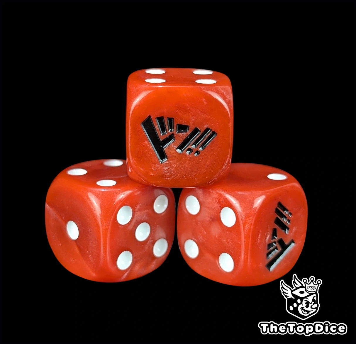 Close up of a red 16mm resin D6 die engraved with white pips as a TCG power counter