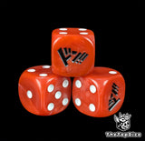Close up of a red 16mm resin D6 die engraved with white pips as a TCG power counter