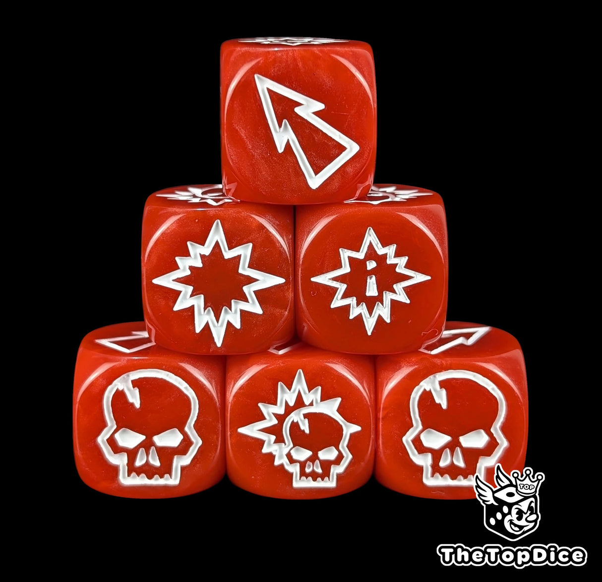 Close up of three red 16mm block dice with white symbols for resolving blocks in fantasy football