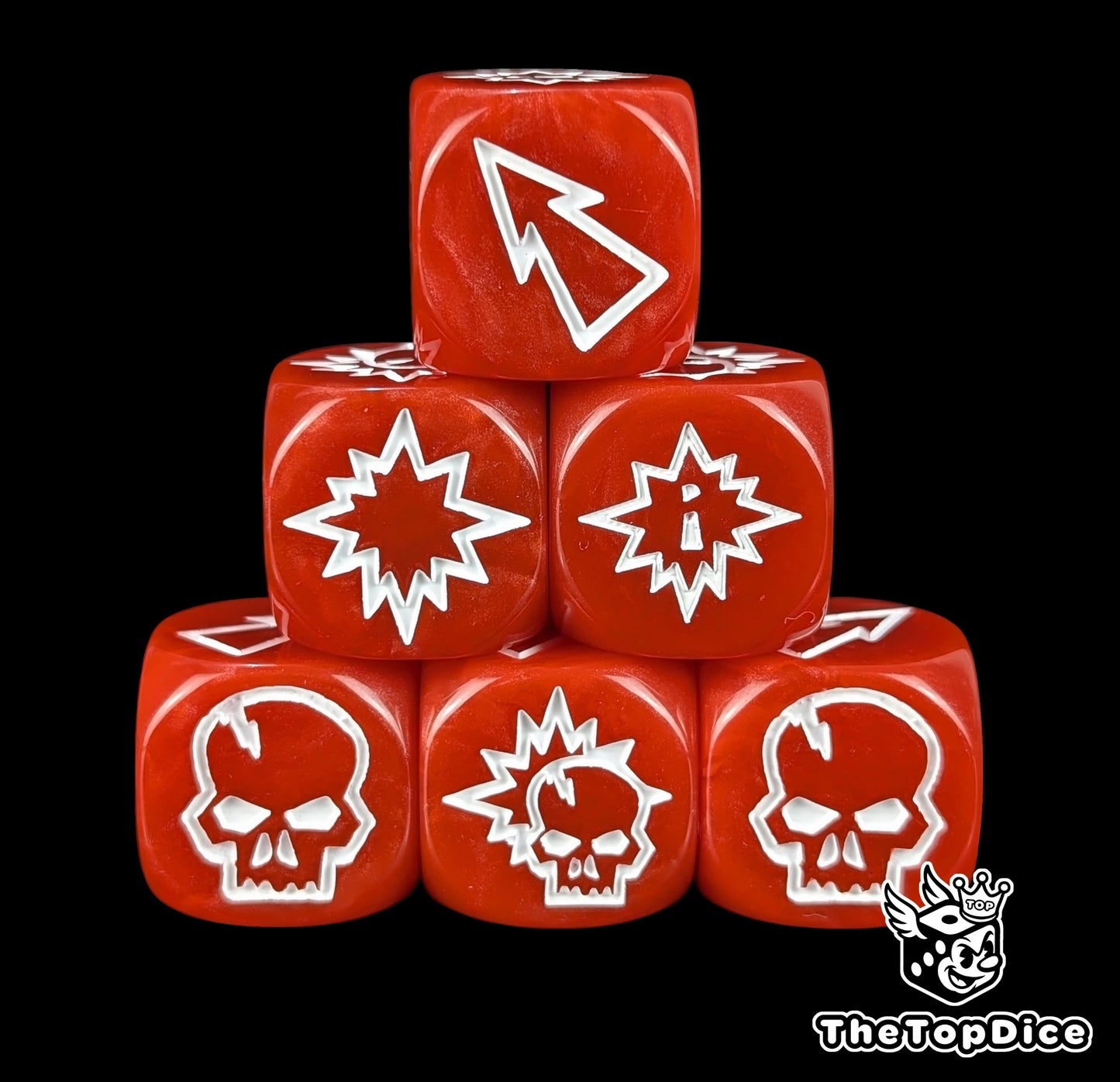 Close up of three red 16mm block dice with white symbols for resolving blocks in fantasy football