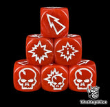 Close up of three red 16mm block dice with white symbols for resolving blocks in fantasy football