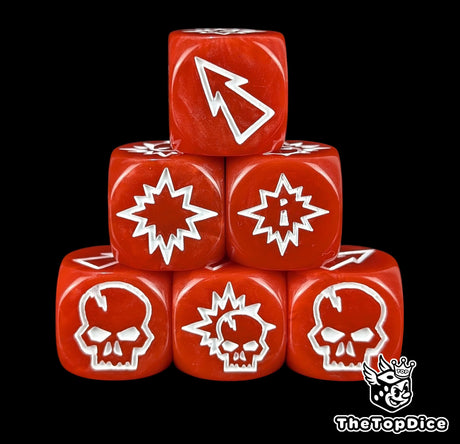 Close up of three red 16mm block dice with white symbols for resolving blocks in fantasy football