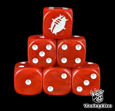 Close up of two red D6 with a white custom logo on the six face for fantasy football games