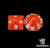 Close up of a red D8 and D16 with white numbers for scatter and long range fantasy football rolls