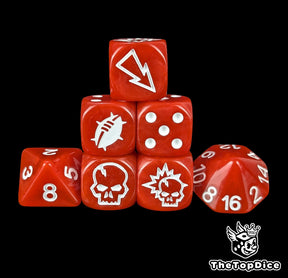 Red fantasy football dice set of seven 16mm resin dice with white logos compatible with Blood Bowl