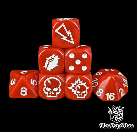 Red fantasy football dice set of seven 16mm resin dice with white logos compatible with Blood Bowl