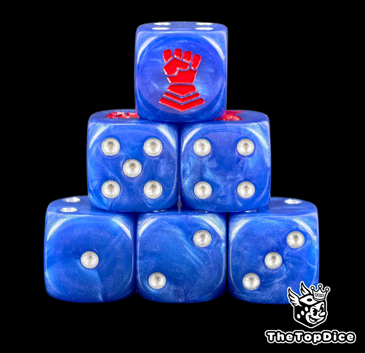 Six blue Crimson Fists D6 stacked, silver pips and a red fist