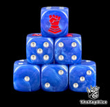 Six blue Crimson Fists D6 stacked, silver pips and a red fist
