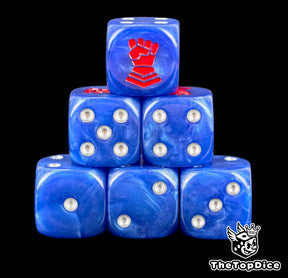 Six blue Crimson Fists D6 stacked, silver pips and a red fist